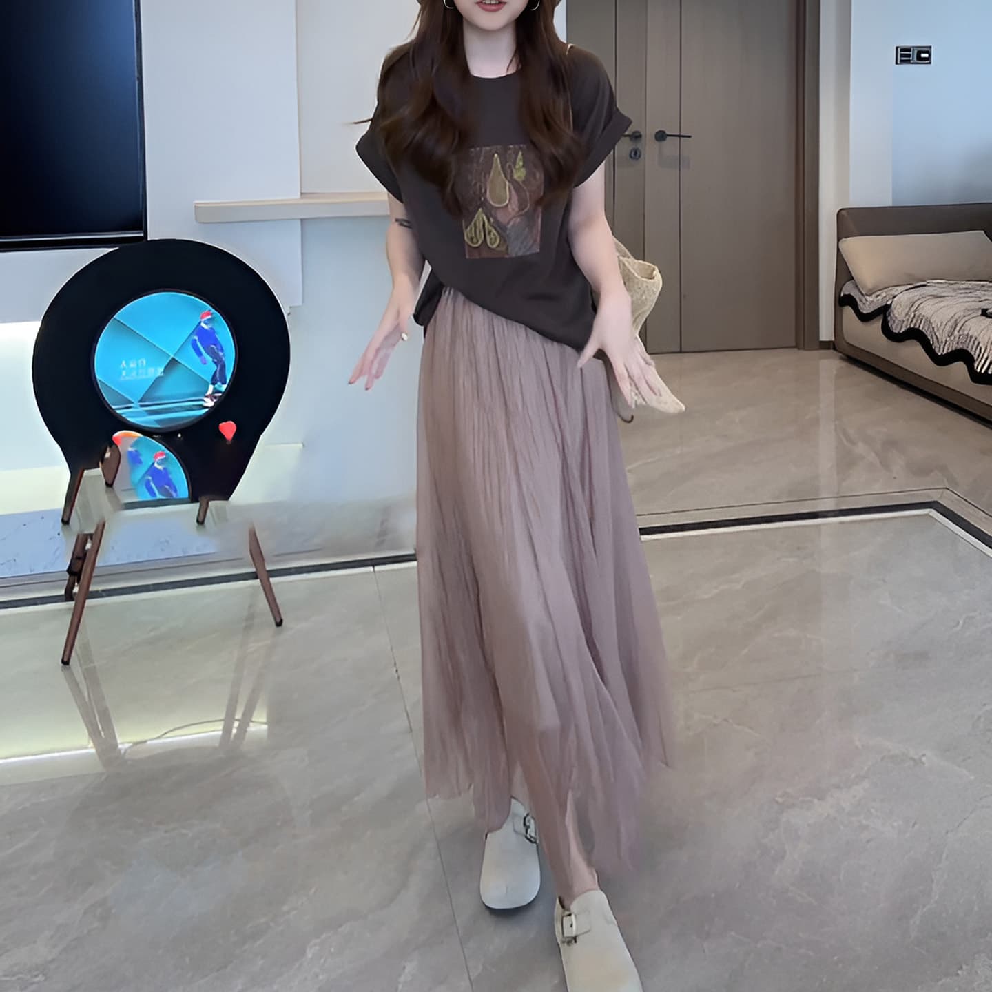 경관 그림 2026 여름 새로운 패션 볼륨 측면 알파벳 티셔츠 여성 허리밴드 불규칙 반신 롱 스커트 투피스 세트 이미지 4