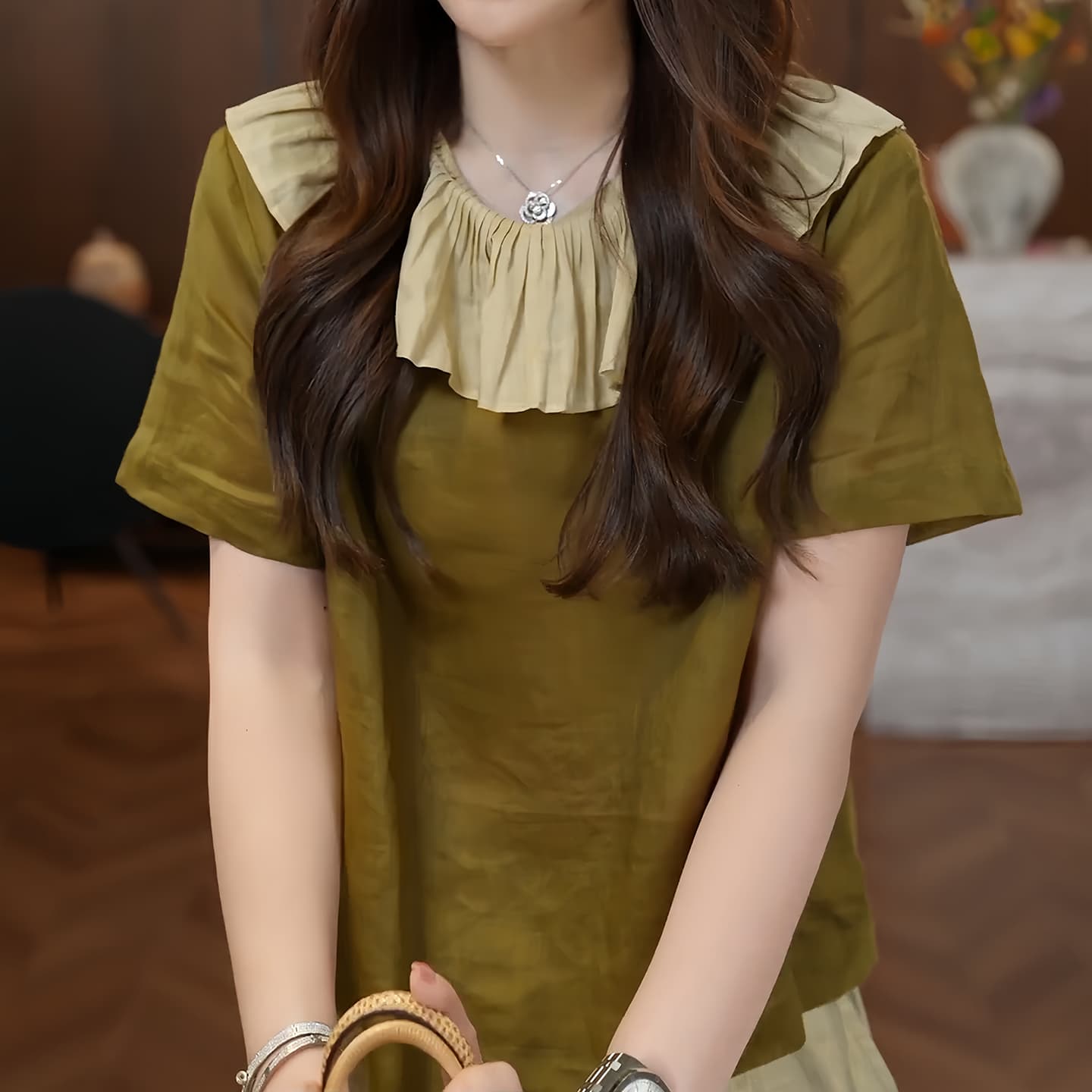 경관 그림 인기 다용도 패션 품격 패치워크 색상 프릴 베이비 칼라 맨위 슬림해 보이는 와이드 레그 팬츠 투피스 세트 이미지 4