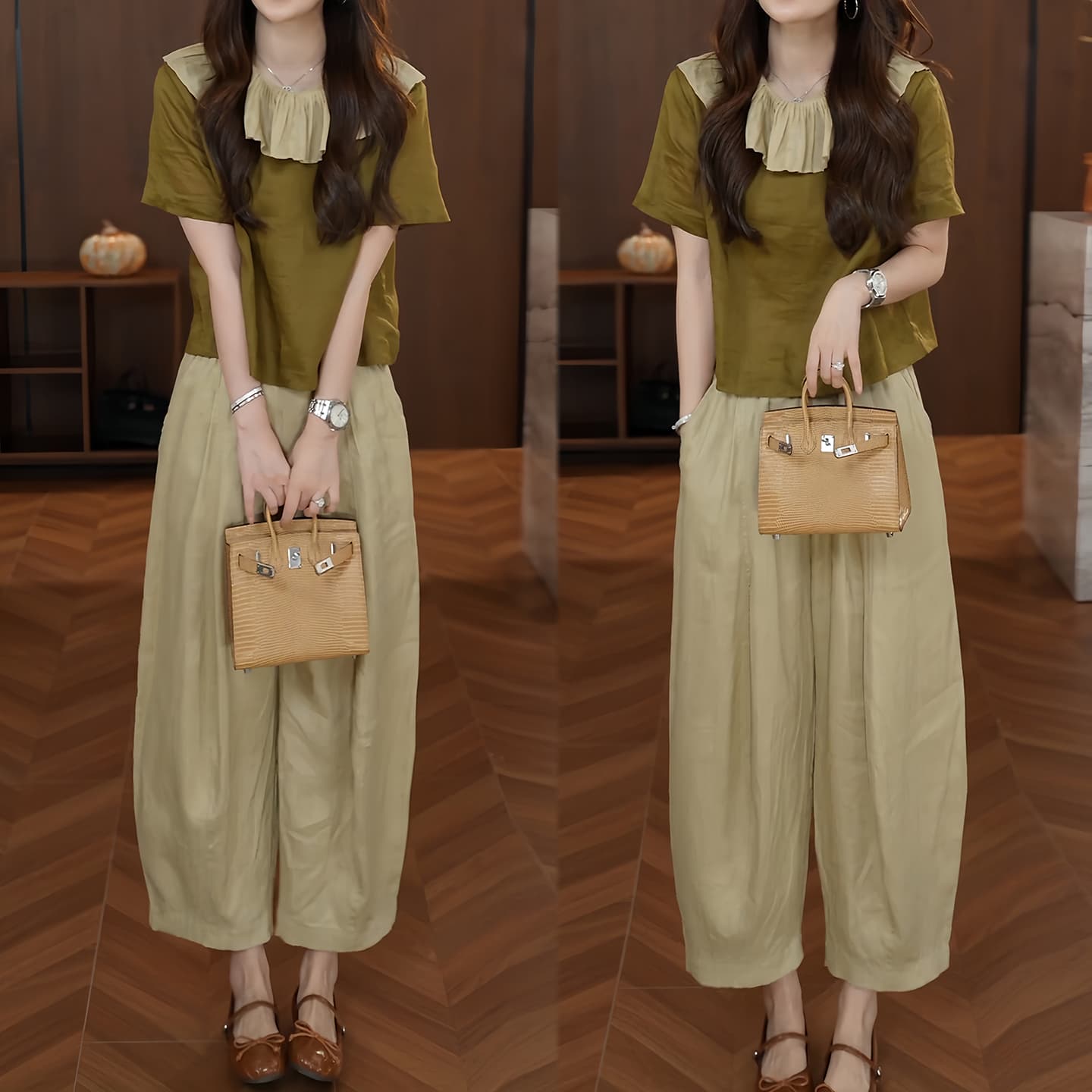 경관 그림 인기 다용도 패션 품격 패치워크 색상 프릴 베이비 칼라 맨위 슬림해 보이는 와이드 레그 팬츠 투피스 세트 이미지 2