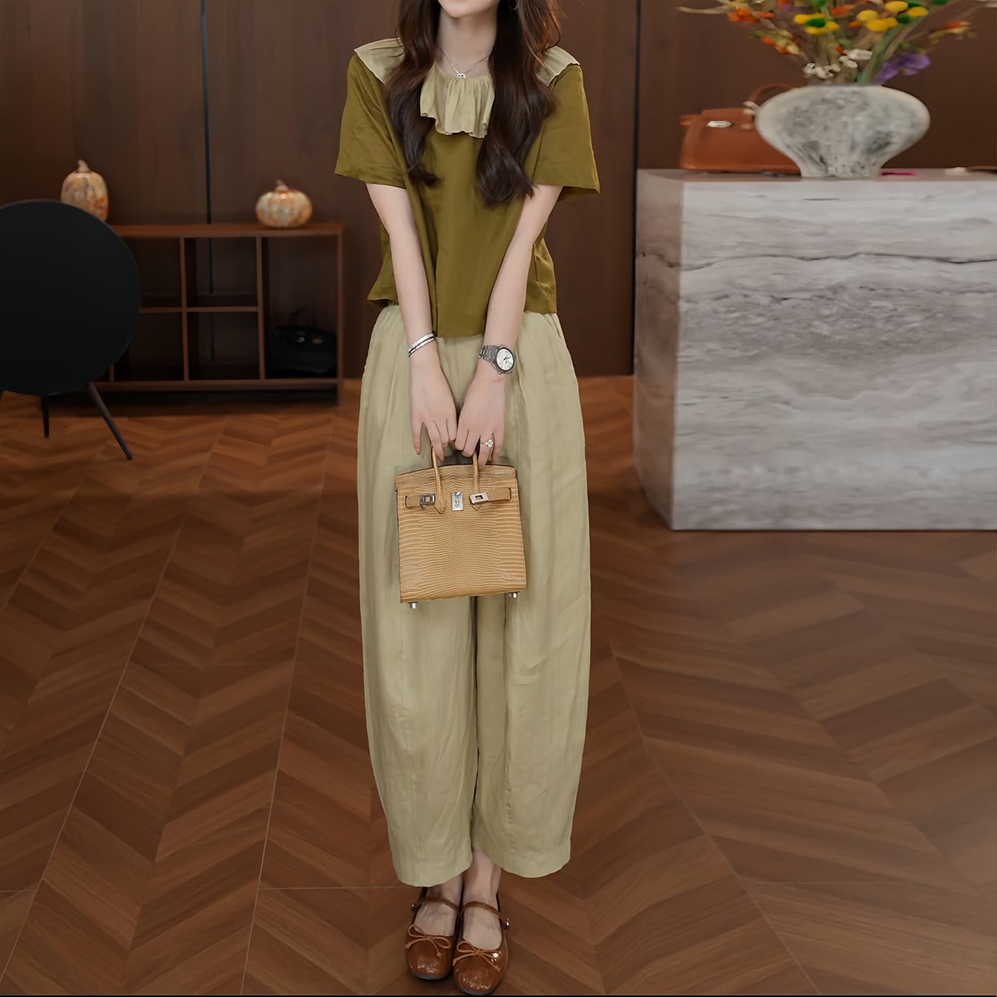 경관 그림 인기 다용도 패션 품격 패치워크 색상 프릴 베이비 칼라 맨위 슬림해 보이는 와이드 레그 팬츠 투피스 세트 이미지 6