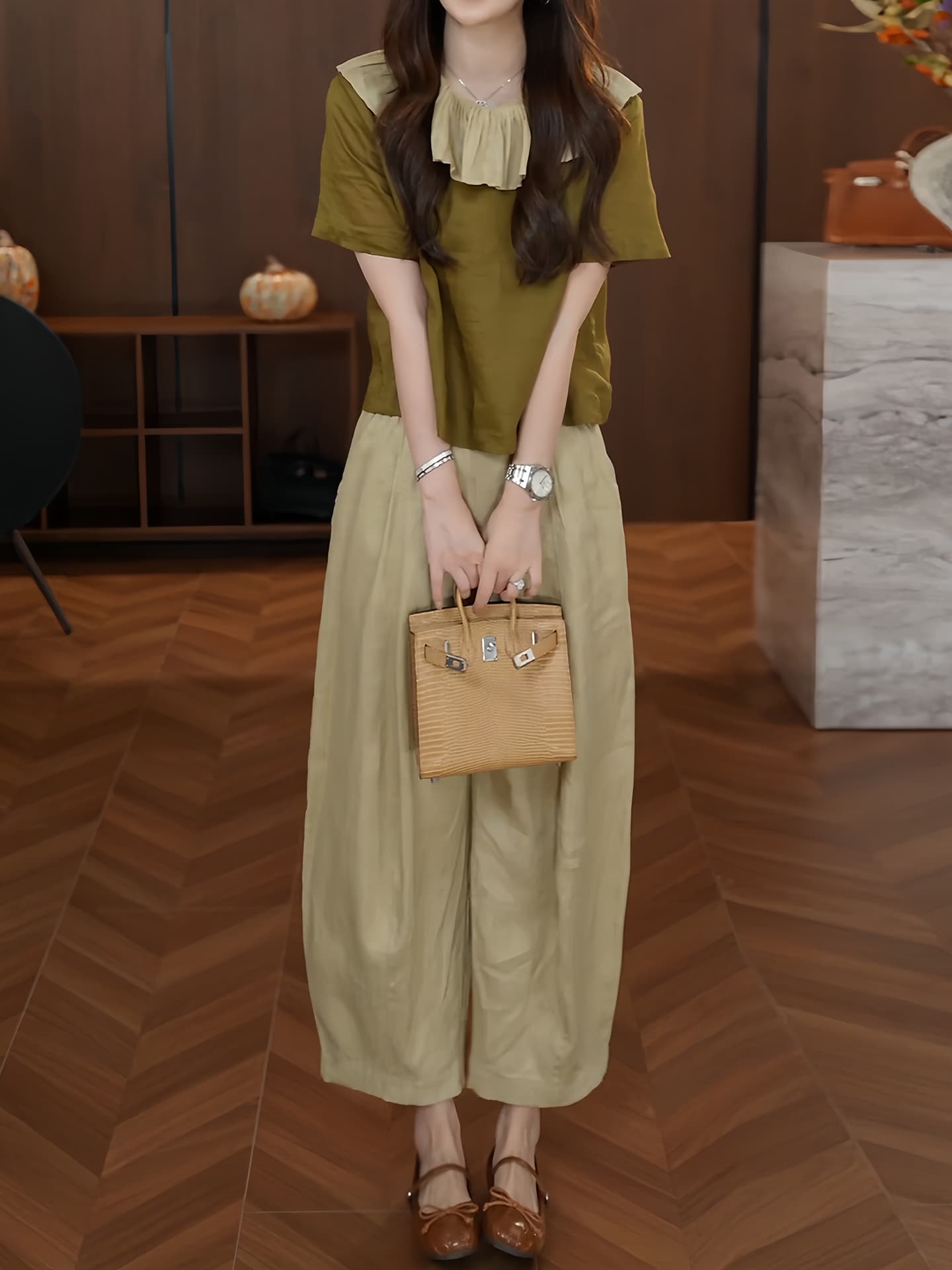 경관 그림 인기 다용도 패션 품격 패치워크 색상 프릴 베이비 칼라 맨위 슬림해 보이는 와이드 레그 팬츠 투피스 세트 상세 이미지 2