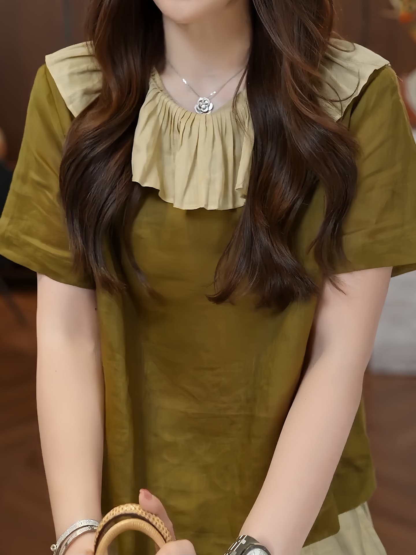 경관 그림 인기 다용도 패션 품격 패치워크 색상 프릴 베이비 칼라 맨위 슬림해 보이는 와이드 레그 팬츠 투피스 세트 상세 이미지 4