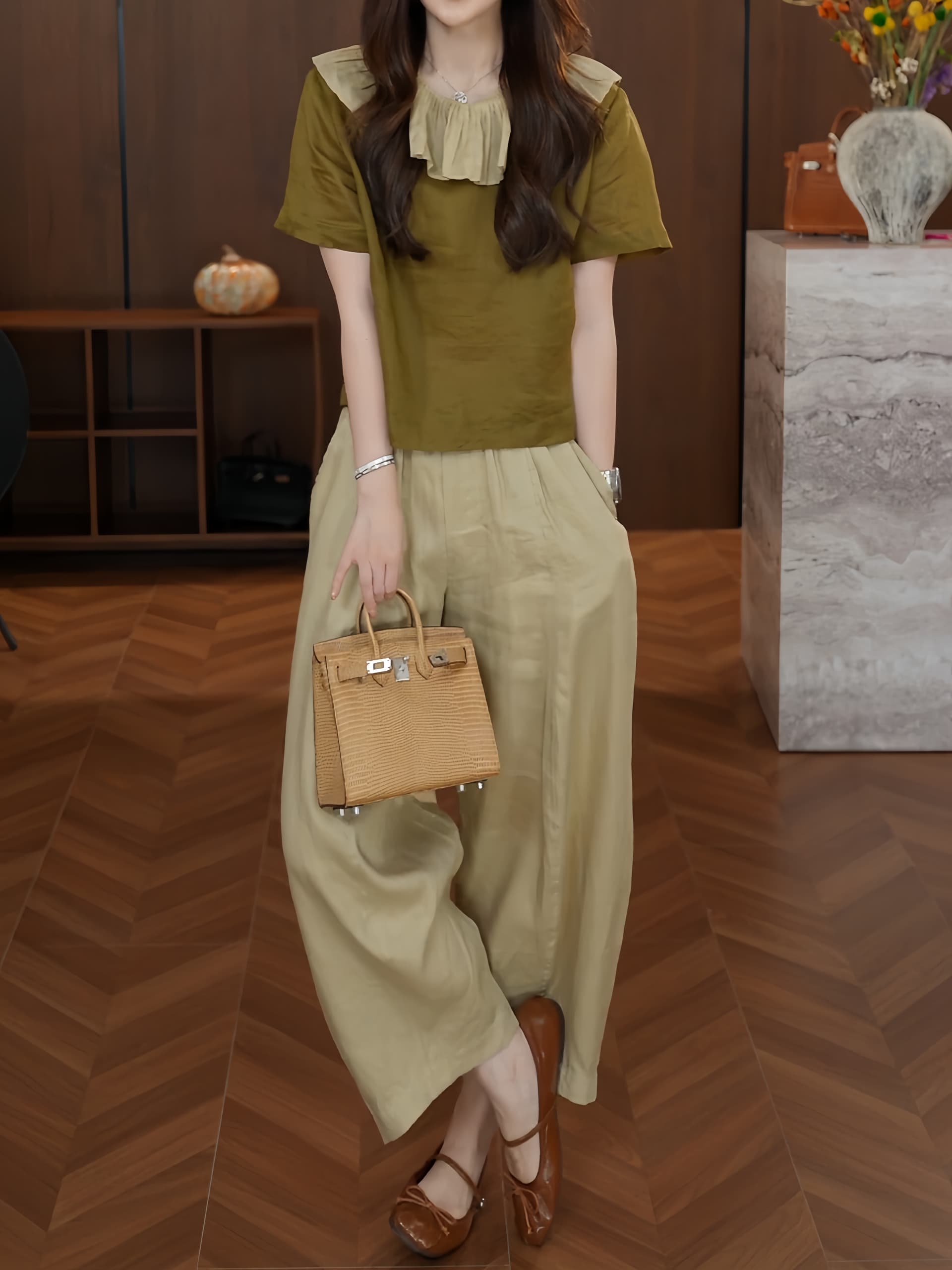 경관 그림 인기 다용도 패션 품격 패치워크 색상 프릴 베이비 칼라 맨위 슬림해 보이는 와이드 레그 팬츠 투피스 세트 상세 이미지 7