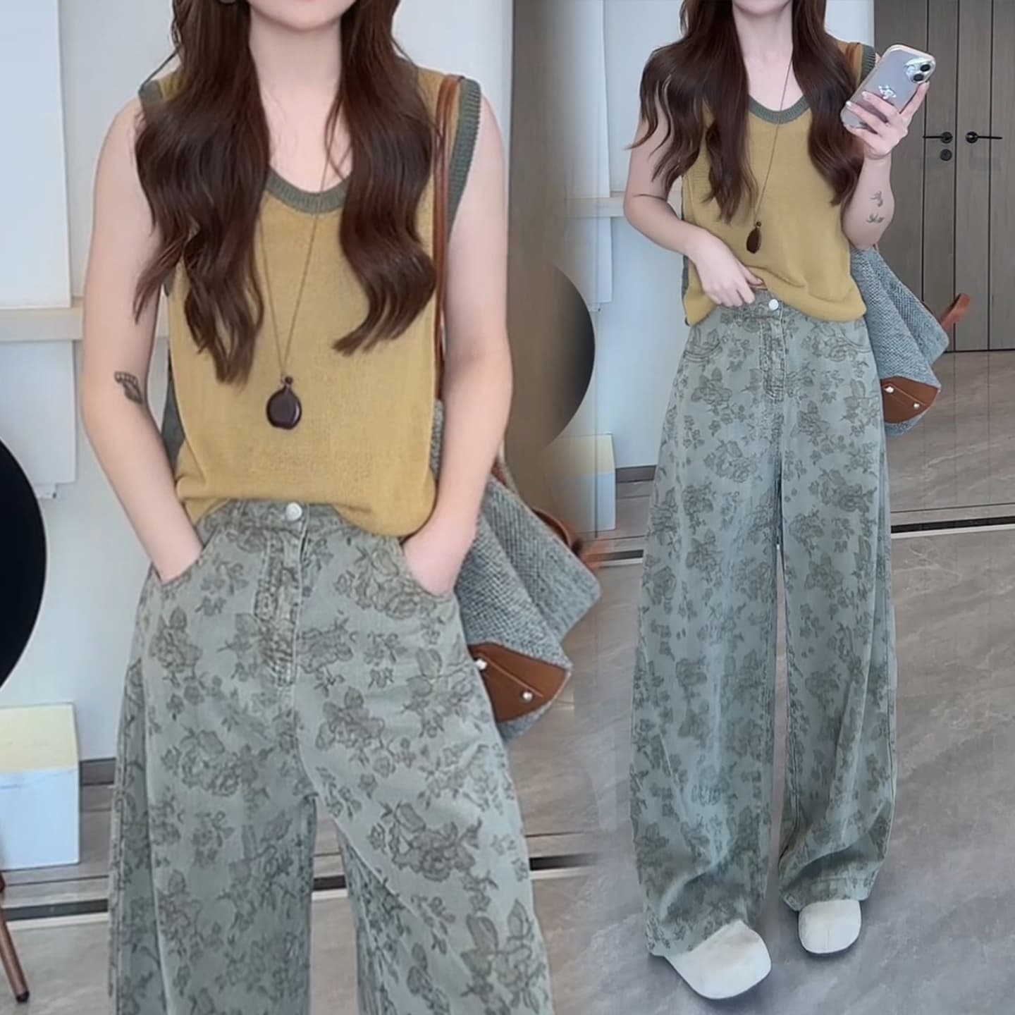 경관 그림 2026 슈퍼 화재 여름 드레스 전체 집합 한 부서 민소매 조끼 맨위 자카드 와이드 레그 팬츠 연령 감소 투피스 세트 이미지 2