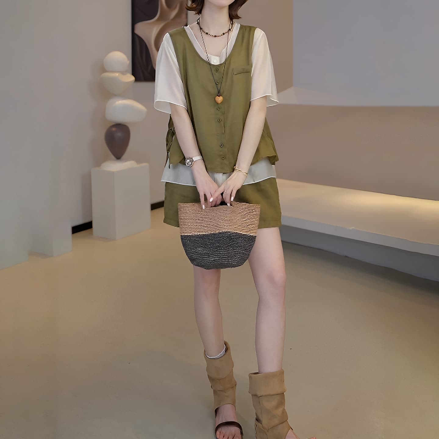 경관 그림 패션 한 부서 세트 2026 여름 새로운 외국 가스 얇고 가벼운 패치워크 베스트 넓은 다리가 짧다. 바지 투피스 세트 이미지 5