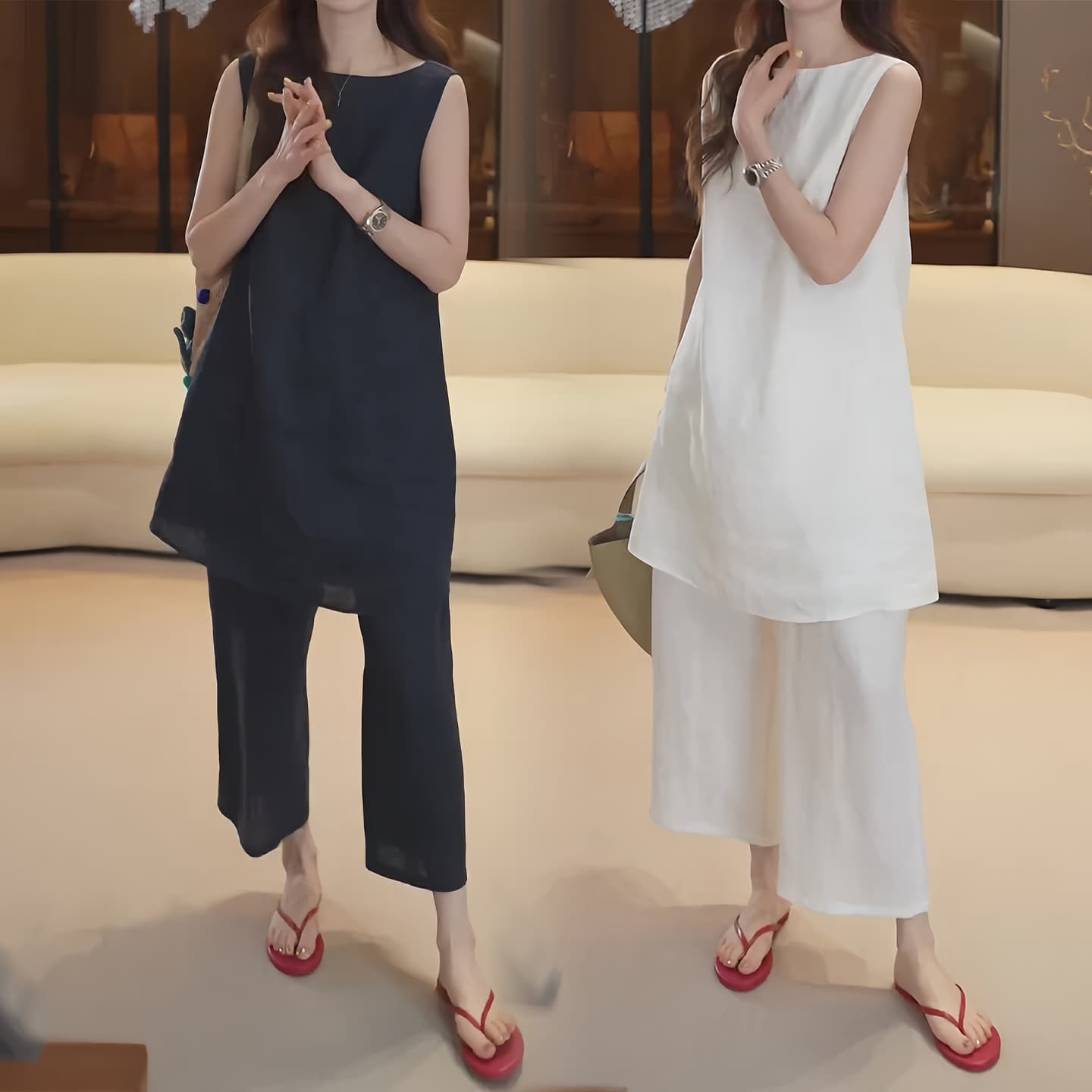 경관 그림 고급 센스 미니멀리즘 민소매 맨위 하이웨이스트 와이드 레그 팬츠 연령 감소 느긋한 바람 순수한 욕망 세련된 두 조각 여성 세트 이미지 2