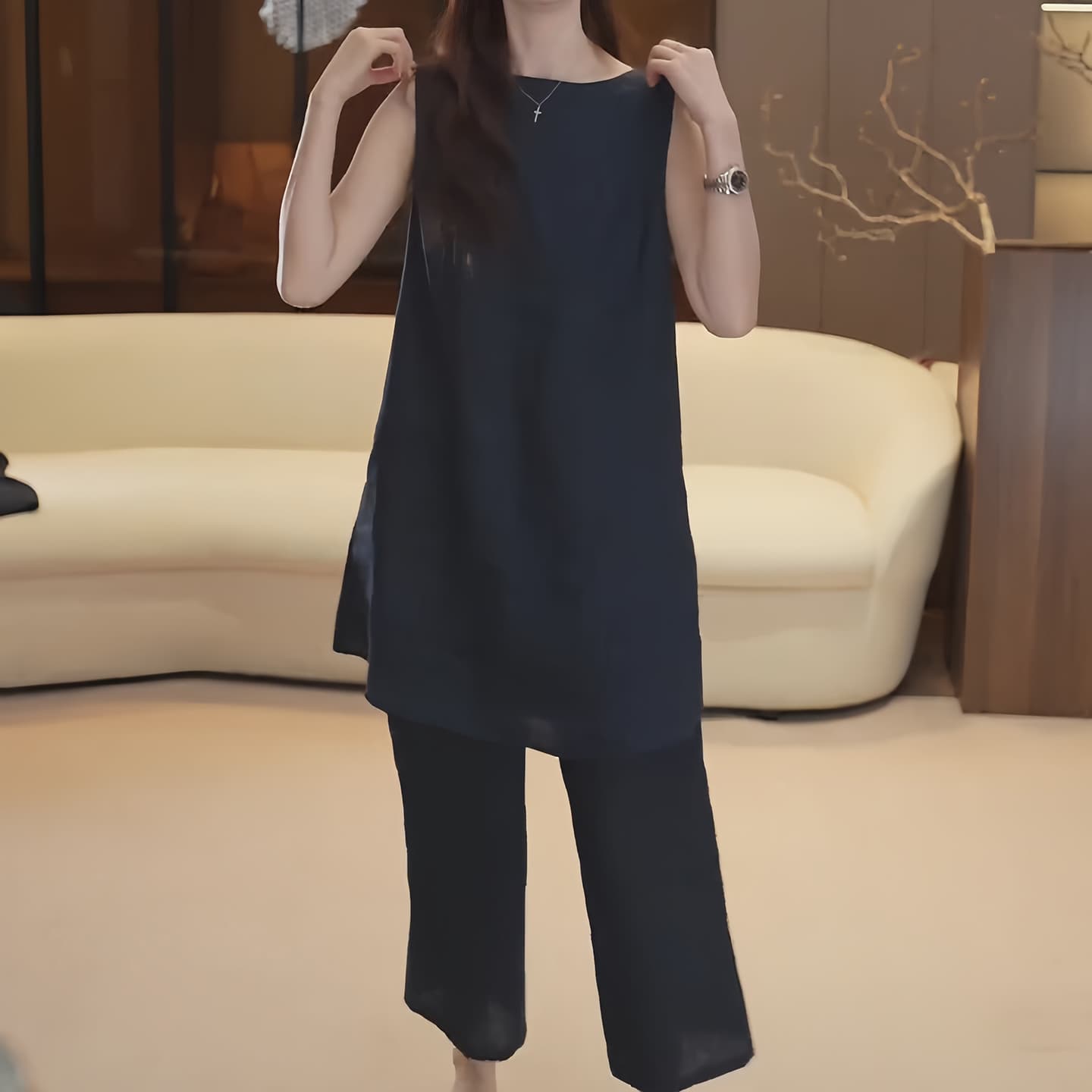 경관 그림 고급 센스 미니멀리즘 민소매 맨위 하이웨이스트 와이드 레그 팬츠 연령 감소 느긋한 바람 순수한 욕망 세련된 두 조각 여성 세트 이미지 4