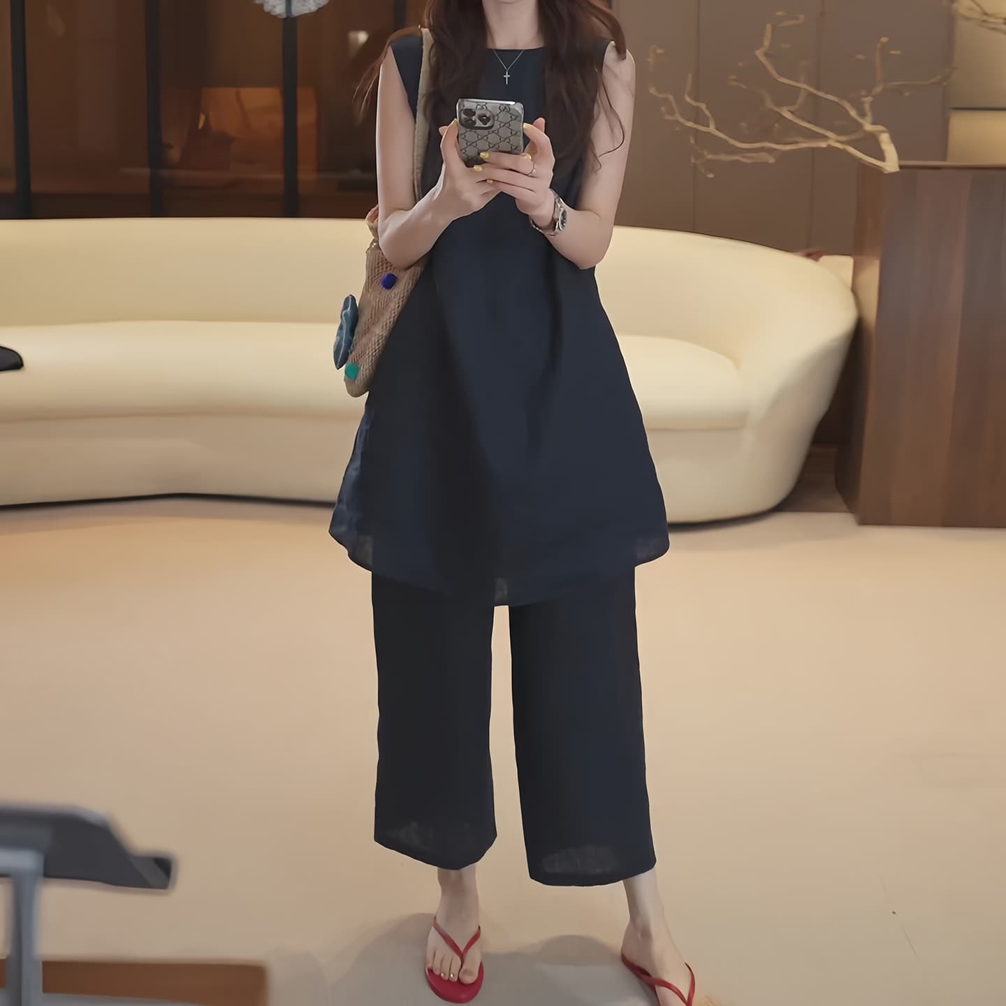 경관 그림 고급 센스 미니멀리즘 민소매 맨위 하이웨이스트 와이드 레그 팬츠 연령 감소 느긋한 바람 순수한 욕망 세련된 두 조각 여성 세트 이미지 6