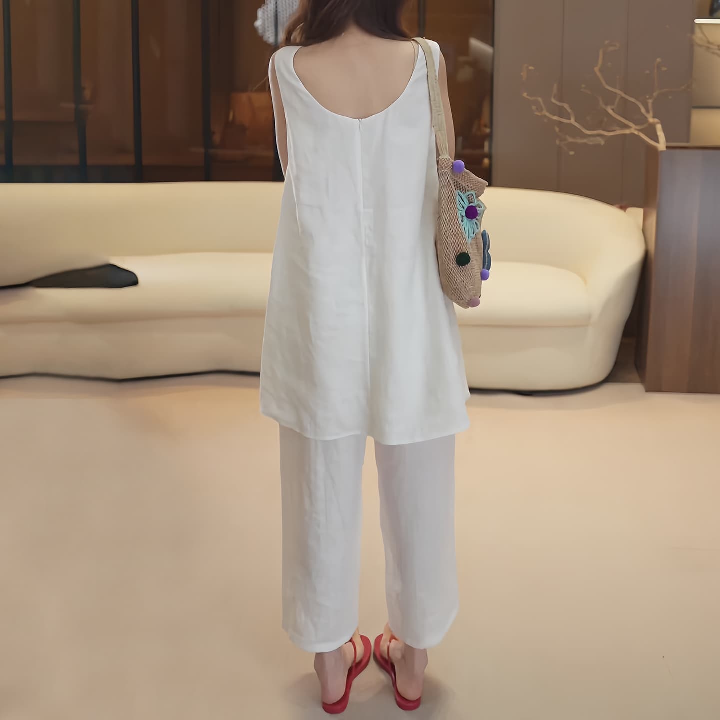 경관 그림 고급 센스 미니멀리즘 민소매 맨위 하이웨이스트 와이드 레그 팬츠 연령 감소 느긋한 바람 순수한 욕망 세련된 두 조각 여성 세트 이미지 5