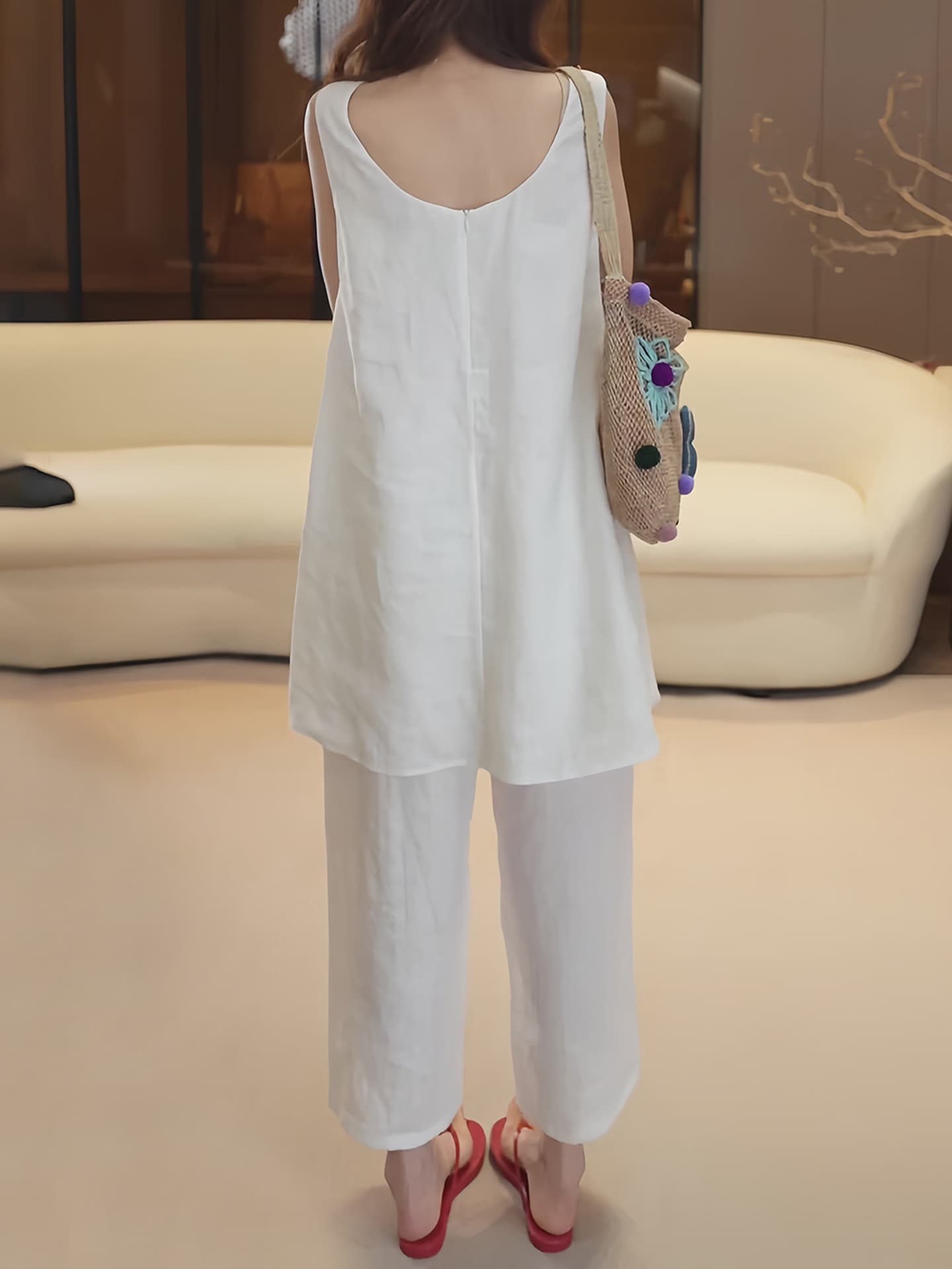 경관 그림 고급 센스 미니멀리즘 민소매 맨위 하이웨이스트 와이드 레그 팬츠 연령 감소 느긋한 바람 순수한 욕망 세련된 두 조각 여성 세트 상세 이미지 6