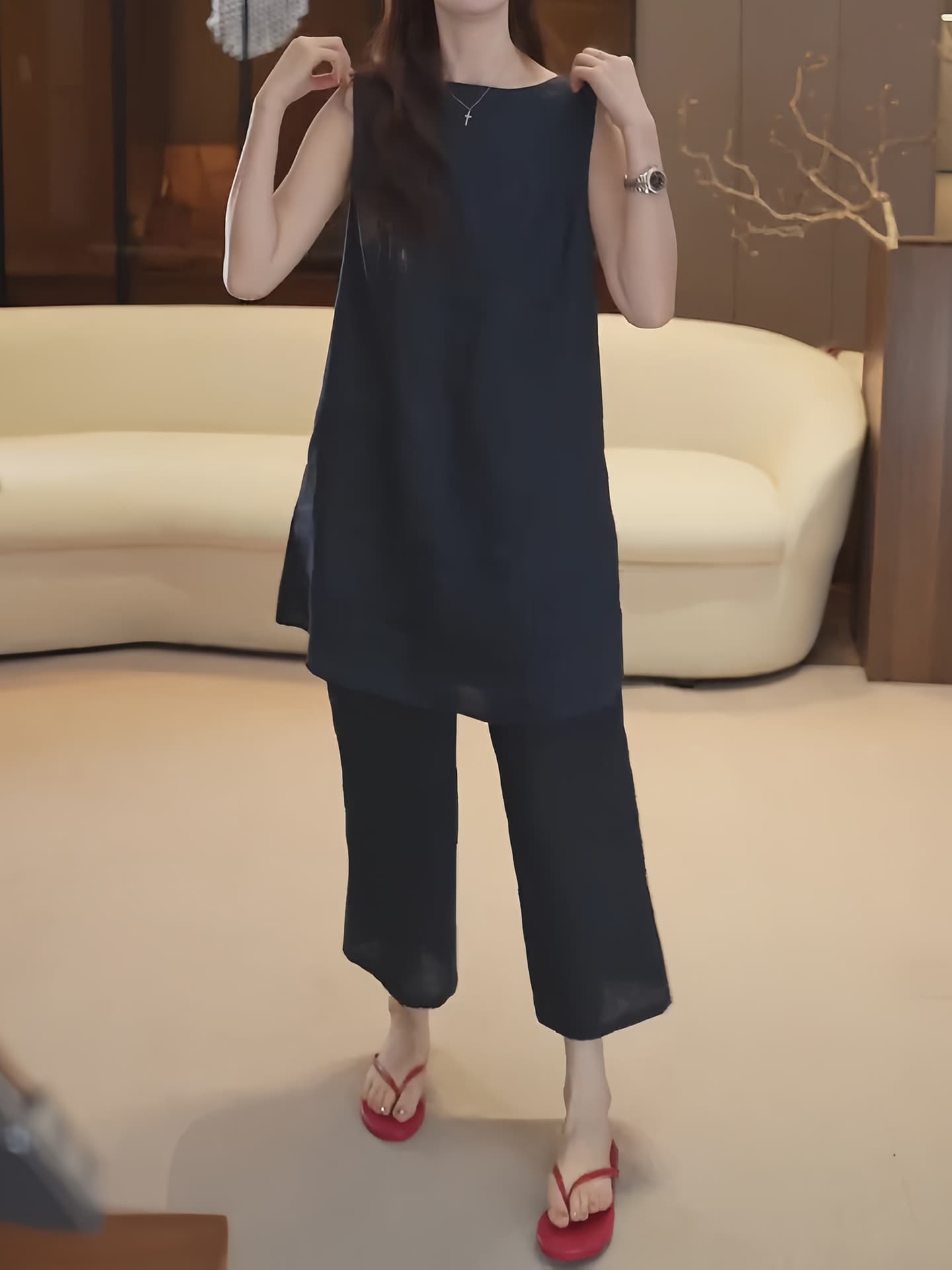 경관 그림 고급 센스 미니멀리즘 민소매 맨위 하이웨이스트 와이드 레그 팬츠 연령 감소 느긋한 바람 순수한 욕망 세련된 두 조각 여성 세트 상세 이미지 7