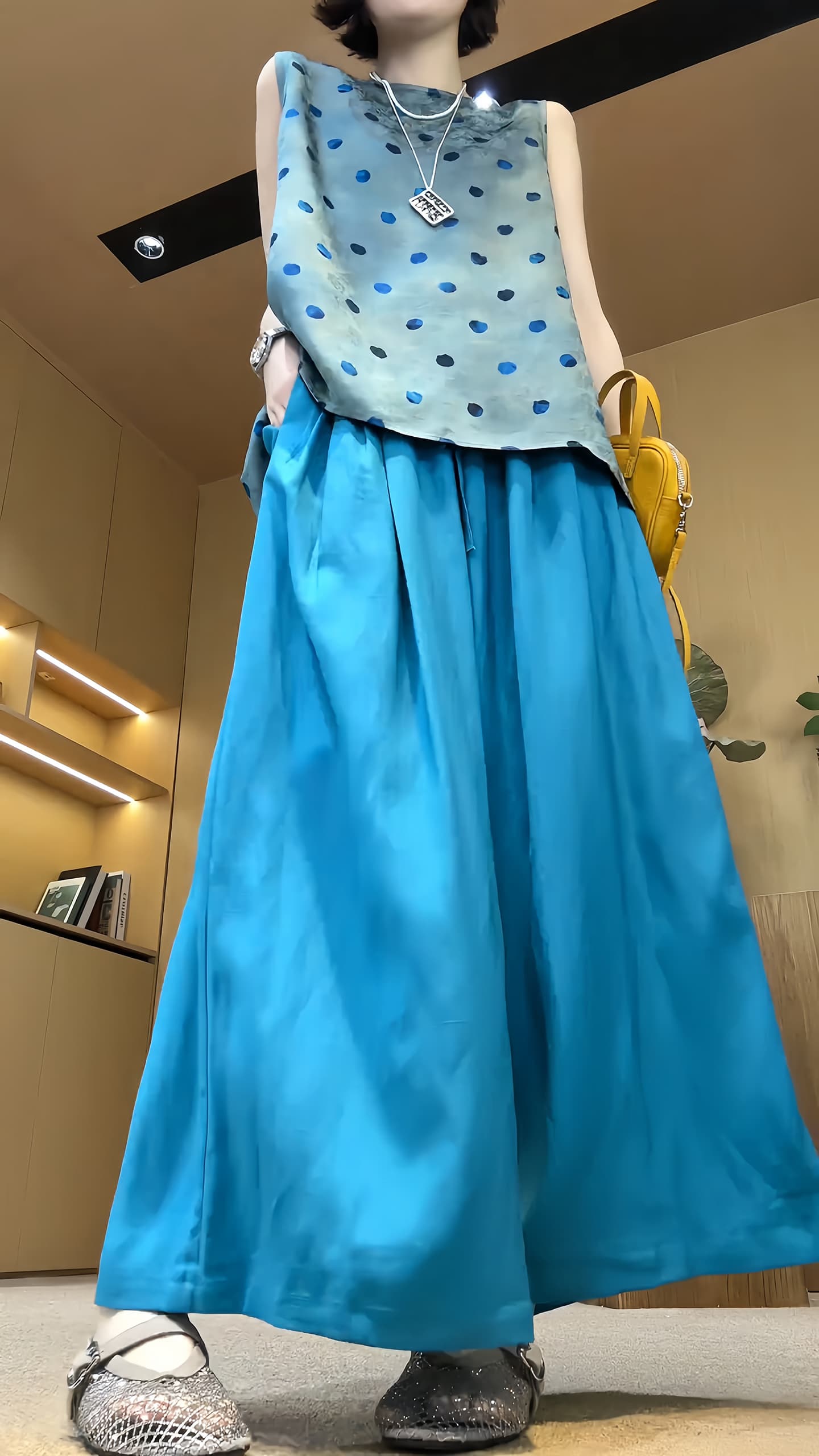 경관 그림 여름 새로운 라운드 넥 루즈핏 도트 무늬 베스트 하이웨이스트 펌프 로프 와이드 레그 팬츠 품격 빛 럭셔리 세련된 세트 상세 이미지 7