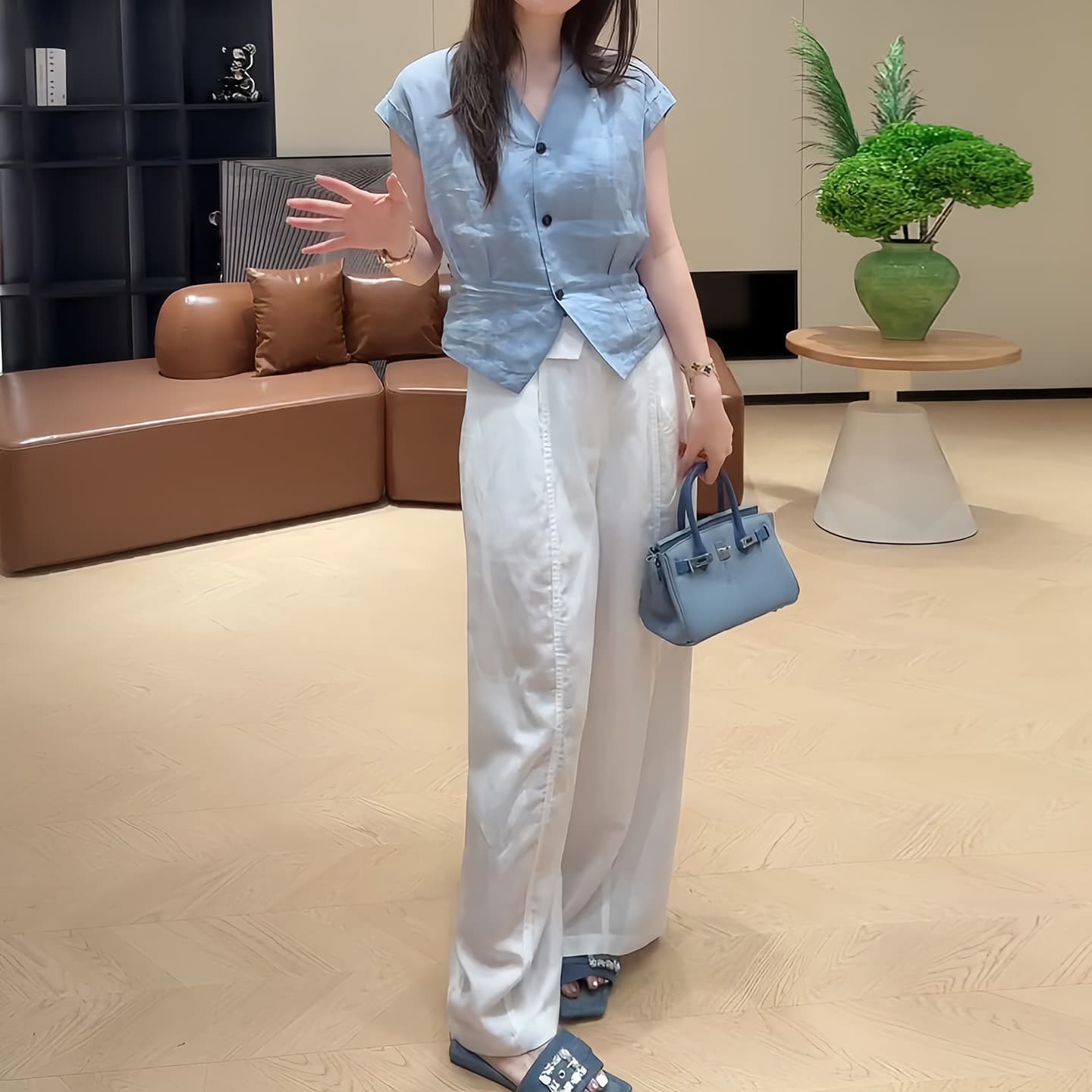 경관 그림 2026 여름 새로운 한 부서 미니멀리즘 주름 허리 수축 디자인 맨위 하이웨이스트 스트레이트 캐주얼 바지 세트 이미지 3