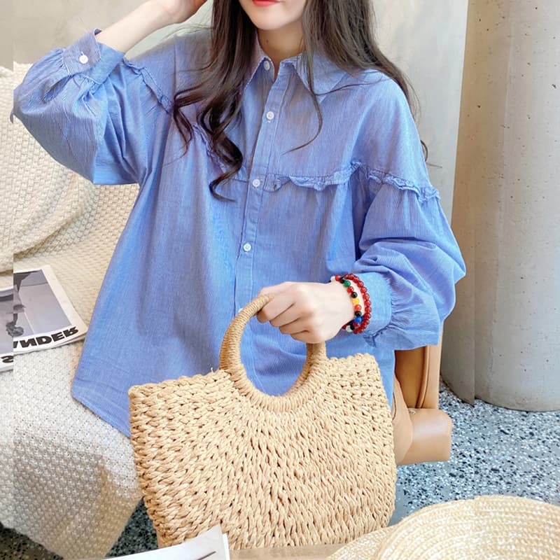 출퇴근 한국 스타일 루즈핏 신선함 레이스 핀 스트라이프 긴팔 셔츠 인형 셔츠 맨위 이미지 2