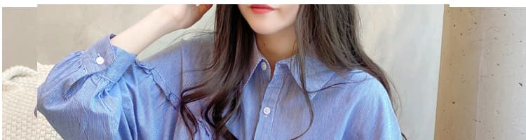 출퇴근 한국 스타일 루즈핏 신선함 레이스 핀 스트라이프 긴팔 셔츠 인형 셔츠 맨위 상세 이미지 19