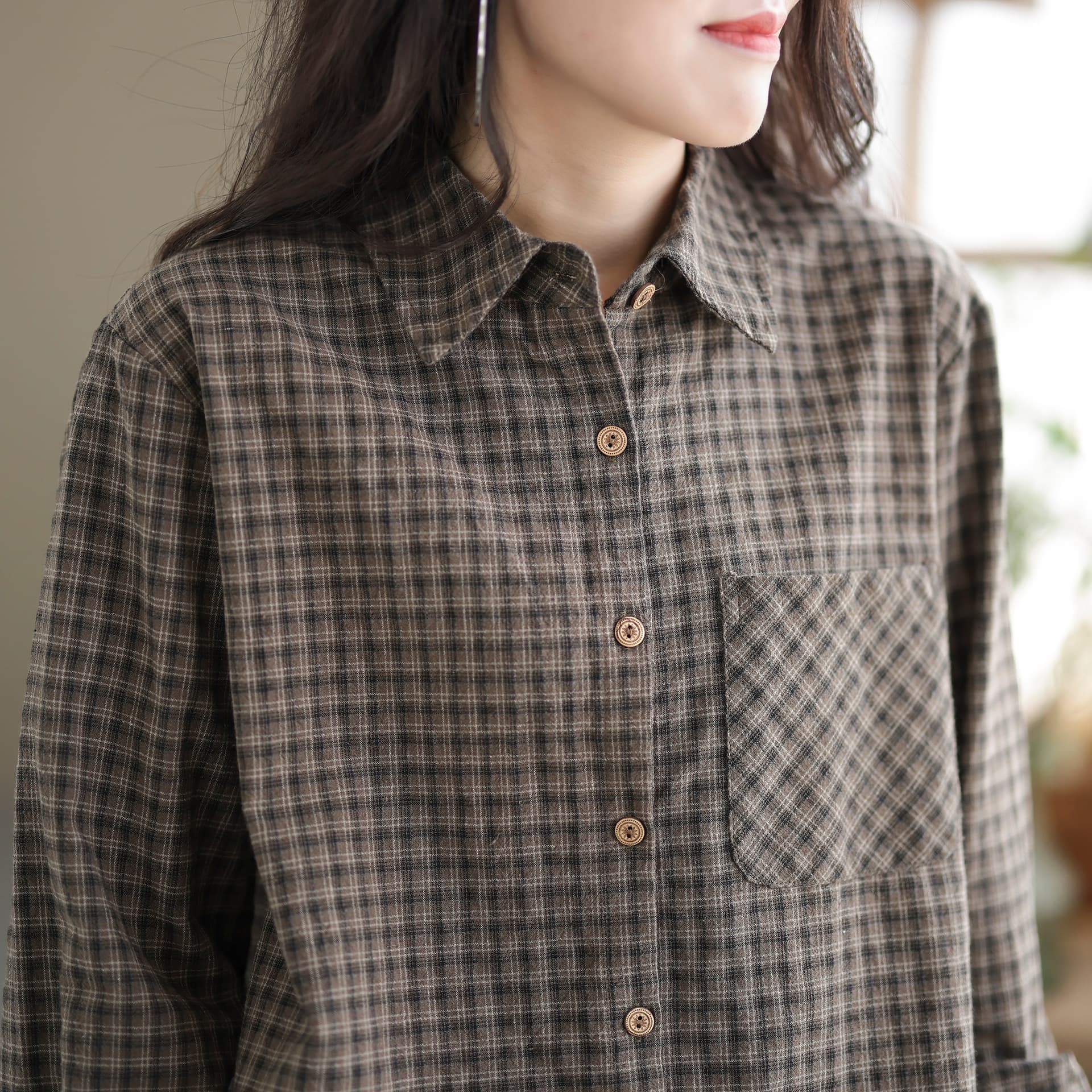 새로운 한국 스타일 레트로 패션 맨위 문예 캐주얼 면 소재 오픈 가디건 체크무늬 셔츠 이미지 4