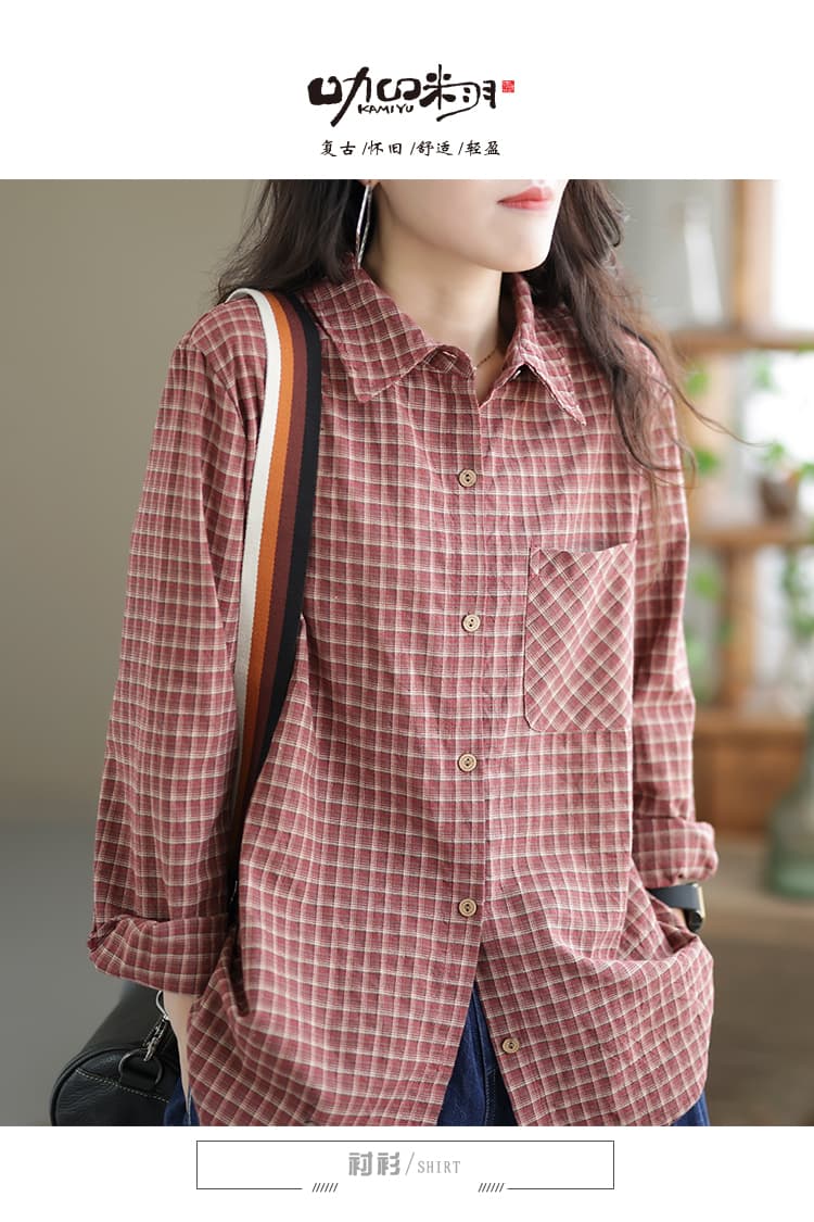 새로운 한국 스타일 레트로 패션 맨위 문예 캐주얼 면 소재 오픈 가디건 체크무늬 셔츠 상세 이미지 1