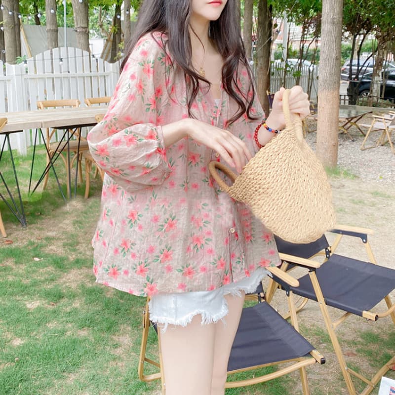한국 스타일 루즈핏 V넥 벌룬 소매 고급 꽃무늬 면 린넨 셔츠 인형 셔츠 맨위
