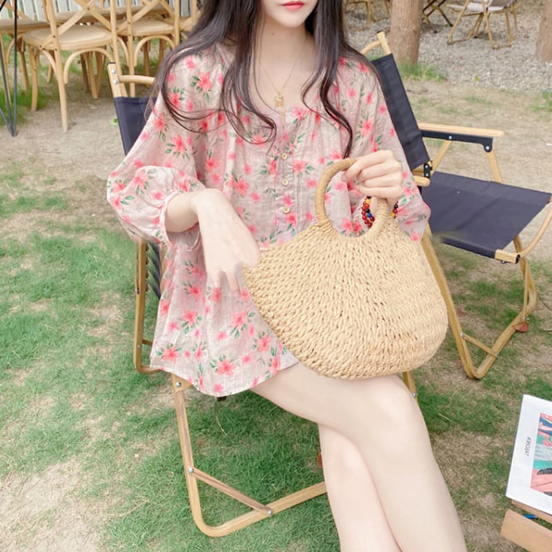 한국 스타일 루즈핏 V넥 벌룬 소매 고급 꽃무늬 면 린넨 셔츠 인형 셔츠 맨위 이미지 2