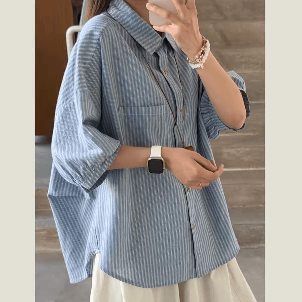 한국 스타일 거북이 플리츠 스트라이프 반팔 셔츠 루즈핏 캐주얼 다용도 셔츠 상세 이미지 1
