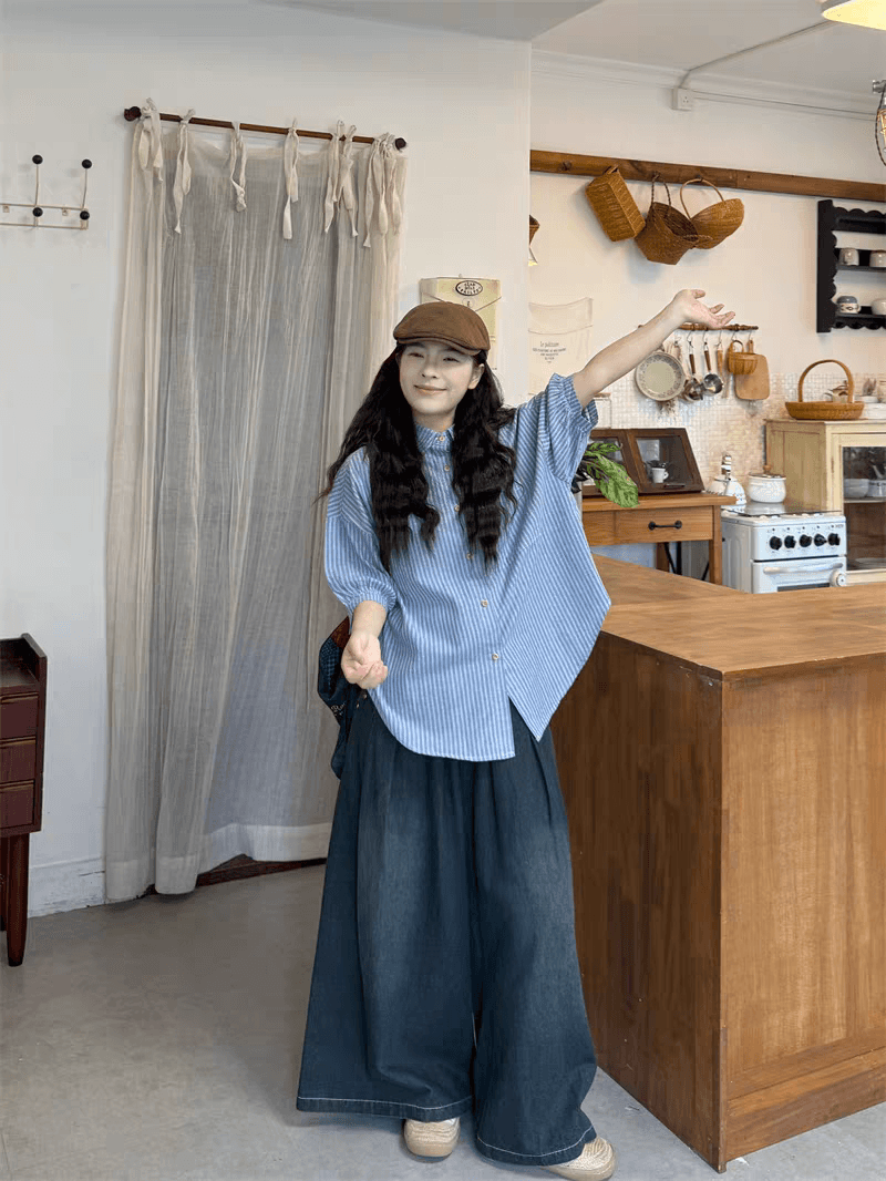 한국 스타일 거북이 플리츠 스트라이프 반팔 셔츠 루즈핏 캐주얼 다용도 셔츠 상세 이미지 8