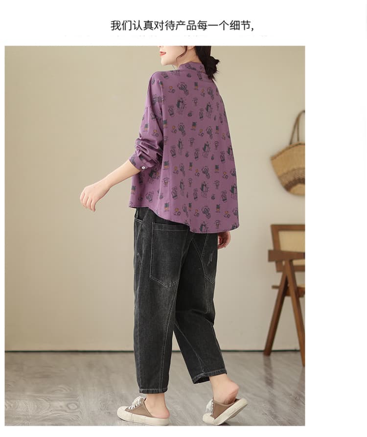 실사 1665# 새로운 한국 스타일 달콤함 루즈핏 선인장 낙서 연령 감소 꽃무늬 면 소재 긴팔 셔츠 맨위 상세 이미지 7
