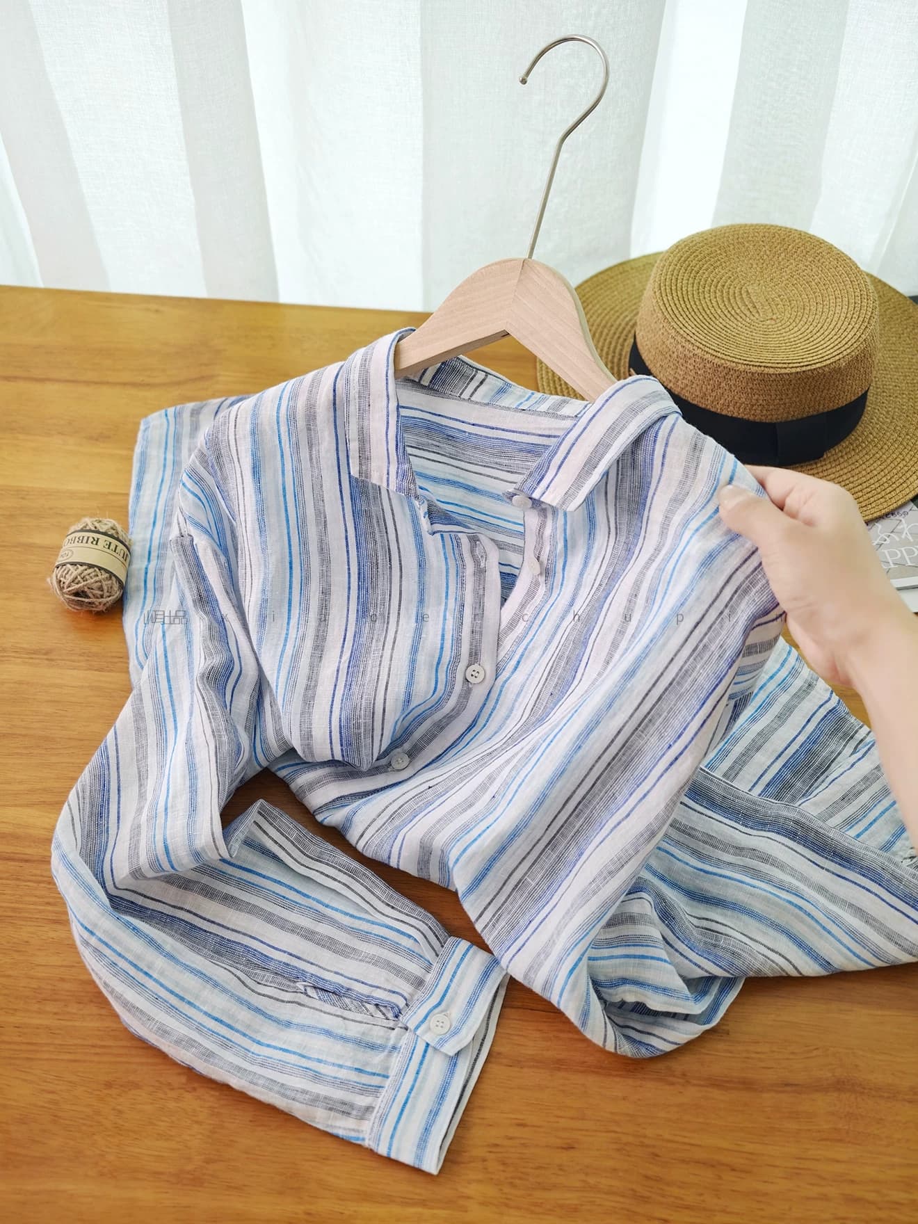 느슨함 오래된 돈 바람 빛 럭셔리 연령 감소 아마 폴로 칼라 스트라이프 긴팔 셔츠 상세 이미지 2