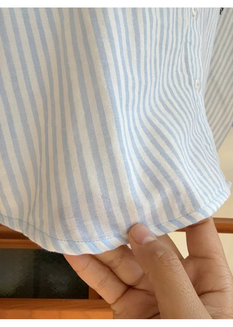 일본과 한국 스타일 셔츠 새끼 고양이 자수 블루 화이트 스트라이프 셔츠 다용도 편안함 순면 루즈핏 캐주얼 맨위 상세 이미지 10