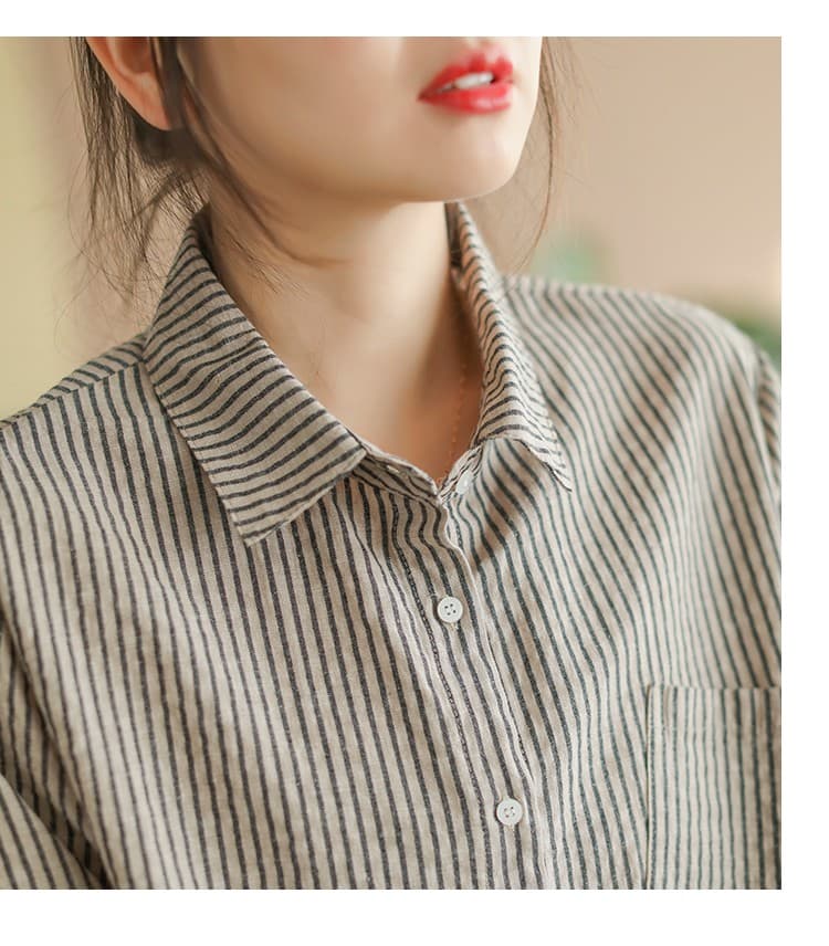 1362 문예 레트로 면 린넨 세로 줄무늬 긴팔 셔츠 새로운 루즈핏 슬림해 보이는 연령 감소 다용도 셔츠 상세 이미지 14