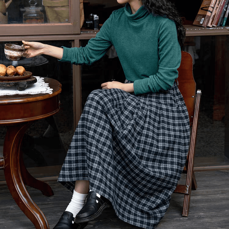 가을 겨울 한국 스타일 순면 연삭 털 체크무늬 반신 스커트 일본식 레트로 캐주얼 허리밴드 중간 길이 치마