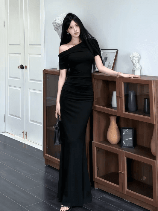 titi 오프숄더 불규칙 주름 반팔 여름 새로운 몸매 가꾸기 슬림해 보이는 허리 수축 인어 꼬리 계모 치마 롱 스커트 이미지 3