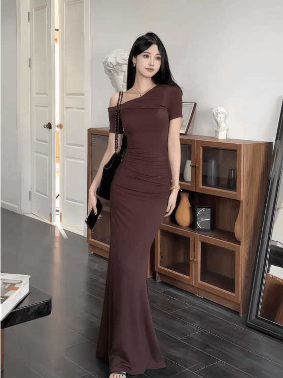 titi 오프숄더 불규칙 주름 반팔 여름 새로운 몸매 가꾸기 슬림해 보이는 허리 수축 인어 꼬리 계모 치마 롱 스커트 상세 이미지 2