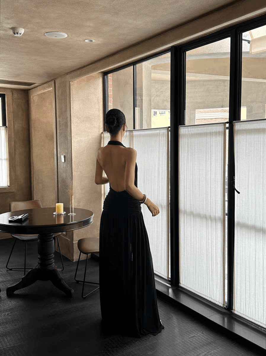 프랑스식 그는 벤 바람 검정색 V넥 행침 목 드레스 작은 빛 이브닝 드레스 치마 롱 코트 생일 백리스 치마 이미지 3