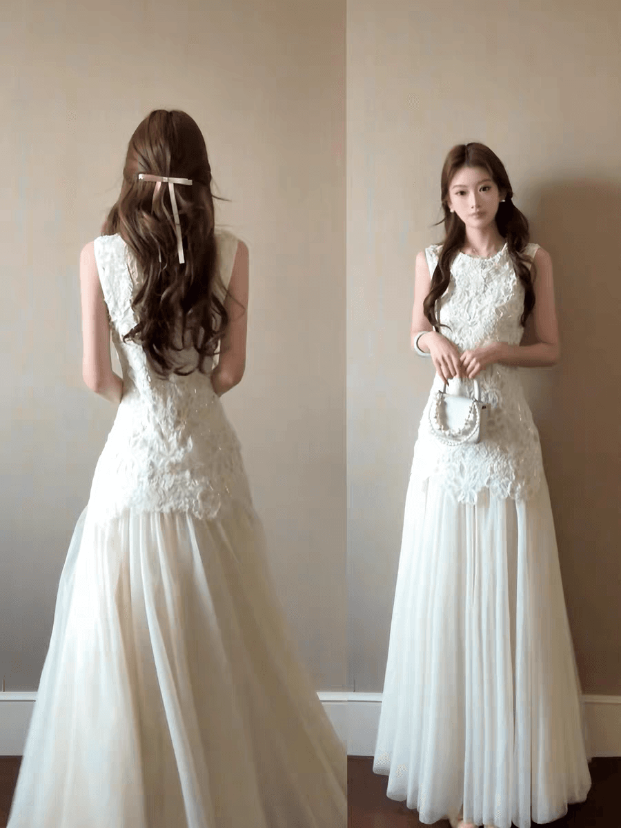 천 금빛 바람 무거운 작업 레이스 홀로우 아웃 자수 민소매 패치워크 여성 드레스 한 부서 품격 우아함 화이트 조끼 스커트 상세 이미지 1