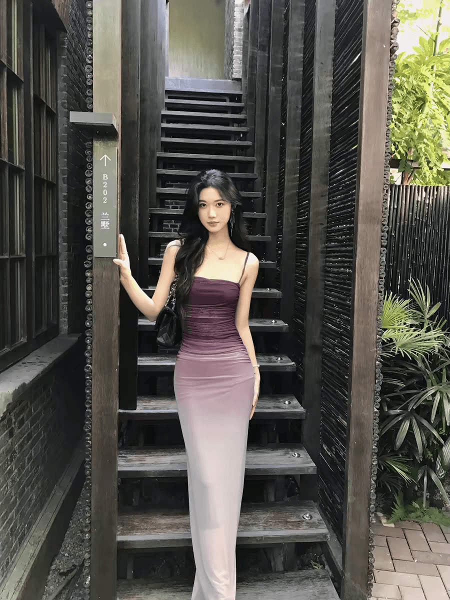 보라색 그라데이션 망사 슬립 여성 드레스 고급 섹시함 몸매 가꾸기 타이트 스커트 예복 롱 스커트 이미지 3