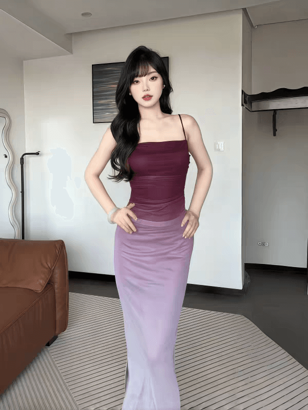 보라색 그라데이션 망사 슬립 여성 드레스 고급 섹시함 몸매 가꾸기 타이트 스커트 예복 롱 스커트 상세 이미지 1
