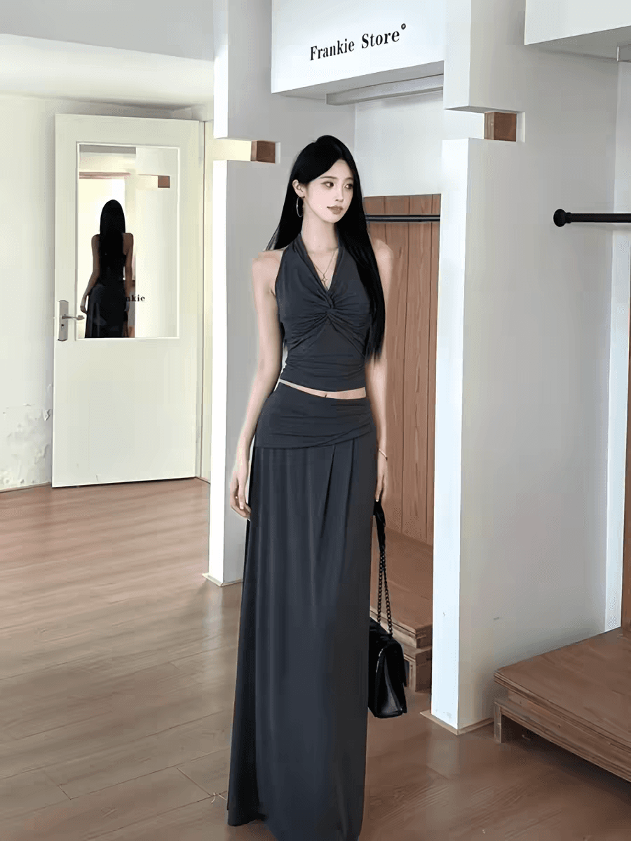 섹시함 핫걸 바람 V넥 민소매 비틀림 조끼 여성 여름 패치워크 불규칙 허리 수축 진자 반 스커트 캐주얼 세트 이미지 3