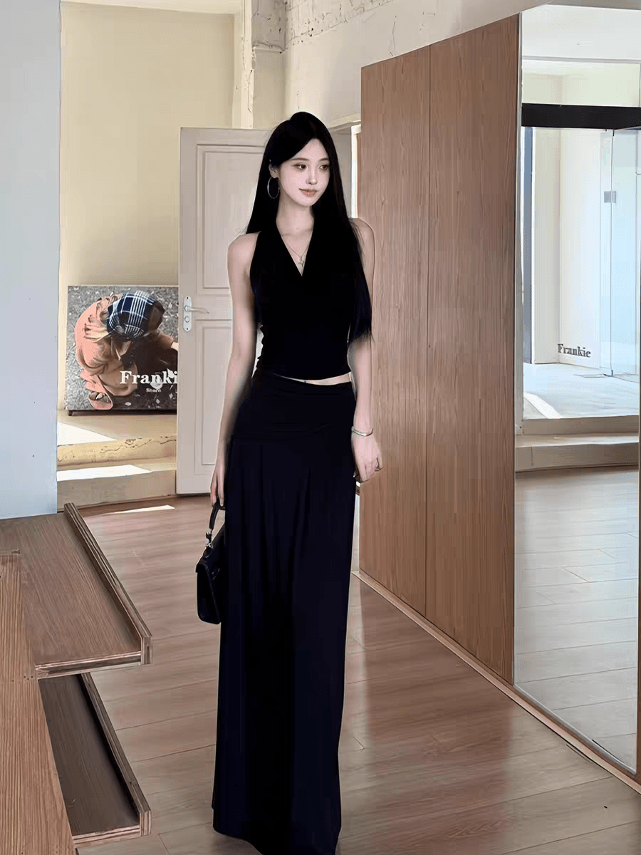 섹시함 핫걸 바람 V넥 민소매 비틀림 조끼 여성 여름 패치워크 불규칙 허리 수축 진자 반 스커트 캐주얼 세트 상세 이미지 3