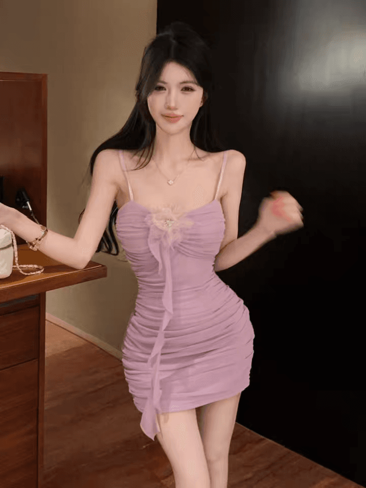 실사 핫걸 바람 망사 3 차원 꽃 슬립 여성 드레스 이미지 2