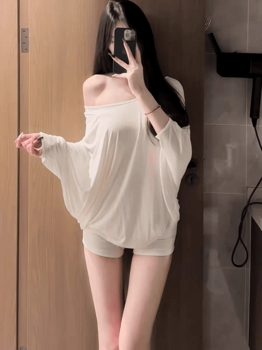 배트윙 소매 망토 모달 부드럽다 도루 가을 센스 루즈핏 작은 맨위 여성 단색 비스듬한 어깨 티셔츠 순수한 욕망 느긋한 바람