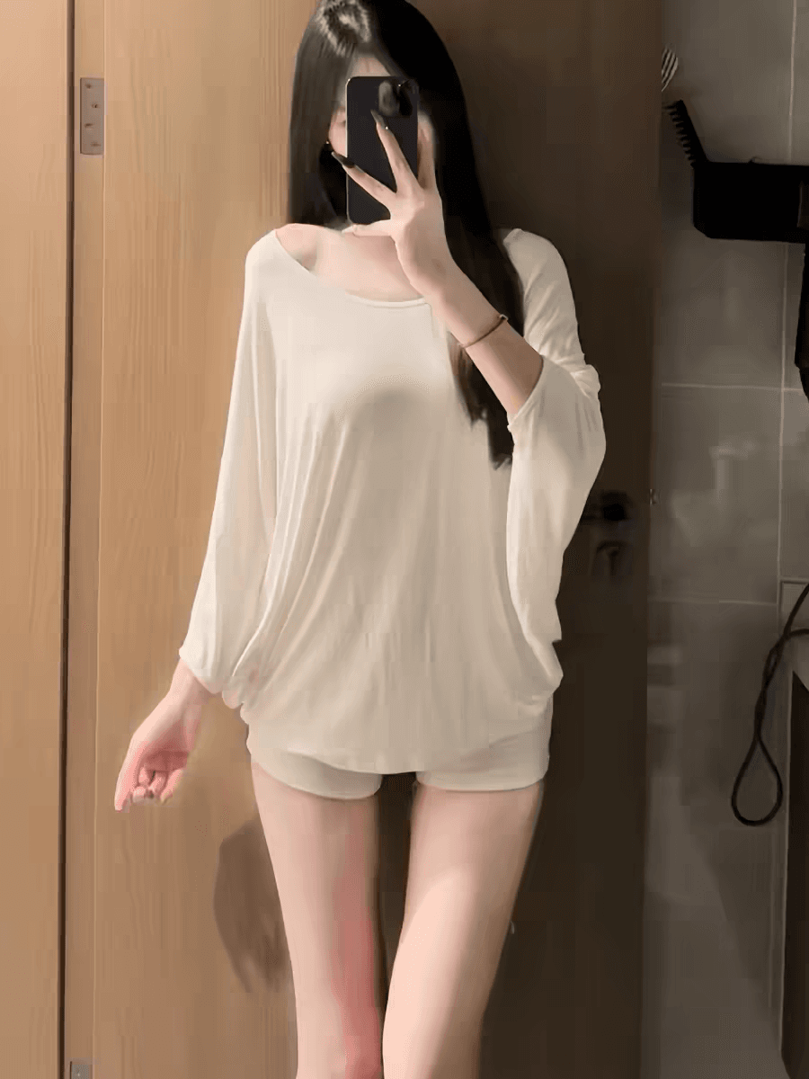 배트윙 소매 망토 모달 부드럽다 도루 가을 센스 루즈핏 작은 맨위 여성 단색 비스듬한 어깨 티셔츠 순수한 욕망 느긋한 바람 이미지 2