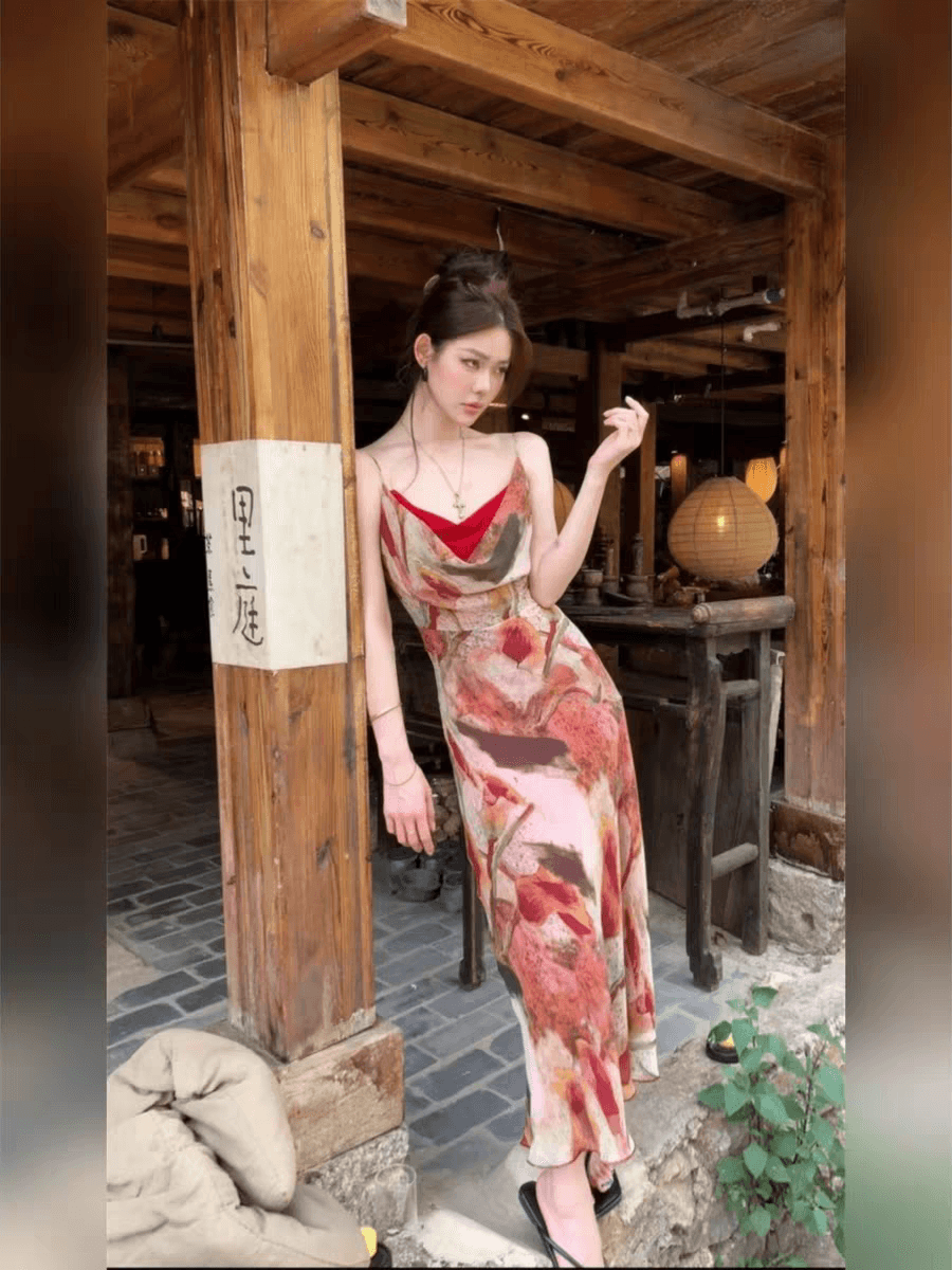 프랑스식 휴가 바람 품격 핫걸 흔들다 칼라 빨간색 드레스 2026 여름 새로운 섹시함 허리 수축 롱 스커트 여성 의류 이미지 3