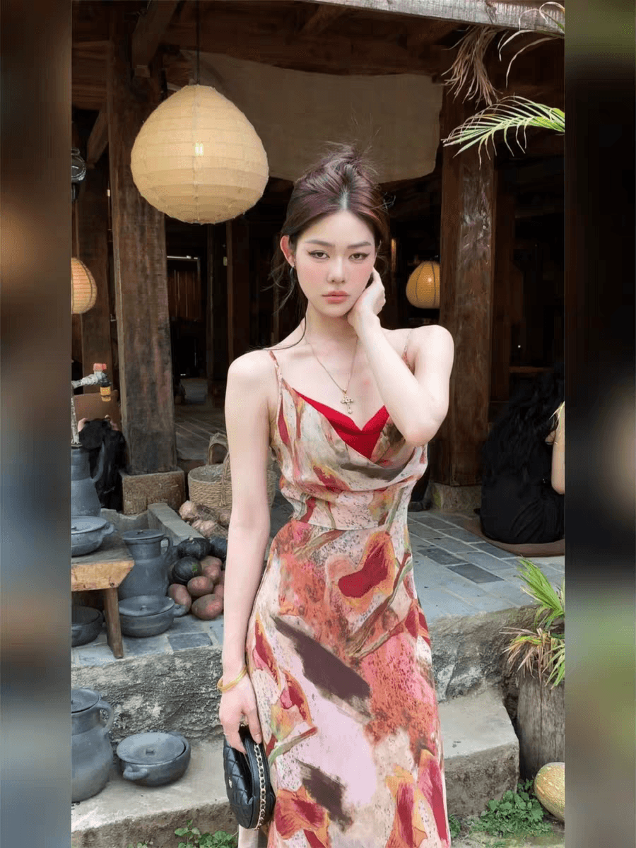프랑스식 휴가 바람 품격 핫걸 흔들다 칼라 빨간색 드레스 2026 여름 새로운 섹시함 허리 수축 롱 스커트 여성 의류 이미지 4