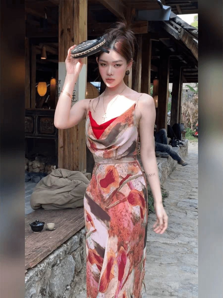 프랑스식 휴가 바람 품격 핫걸 흔들다 칼라 빨간색 드레스 2026 여름 새로운 섹시함 허리 수축 롱 스커트 여성 의류 상세 이미지 3