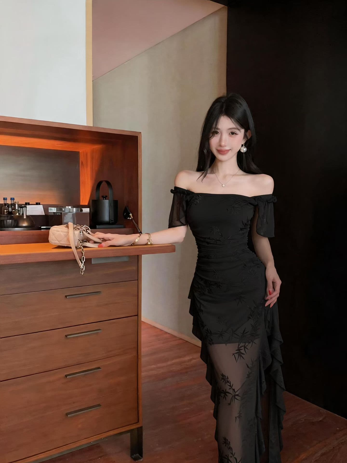 실사 품격 드레스 여름 디자인 센스 허리 수축 오프숄더 롱 스커트 상세 이미지 4