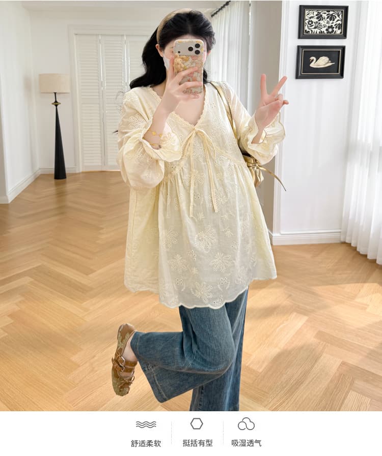 실사 2026 품질 임산부 가을 의상 새로운 긴팔 자수 셔츠 V넥 인형 셔츠 패션 나가라. 트렌디 엄마 상세 이미지 13