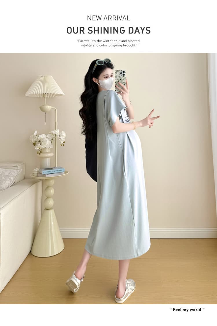 실사 2026 봄 여름 드레스 임산부 새로운 빅 사이즈 반팔 티셔츠 치마 롱 코트 캐주얼 루즈핏 드레스 트렌디 엄마 상세 이미지 17