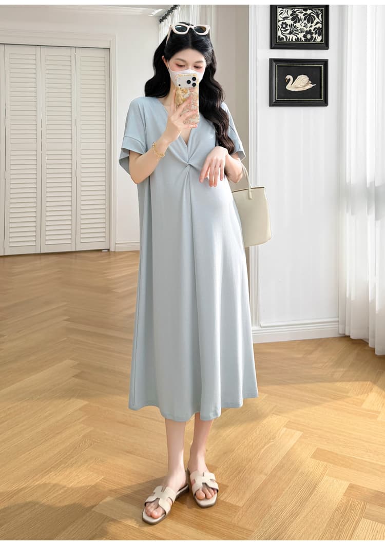 실사 2026 봄 여름 드레스 출산 착용 새로운 빅 사이즈 반팔 티셔츠 치마 롱 코트 캐주얼 루즈핏 드레스 트렌디 엄마 상세 이미지 14