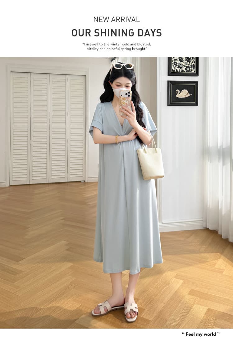 실사 2026 봄 여름 드레스 출산 착용 새로운 빅 사이즈 반팔 티셔츠 치마 롱 코트 캐주얼 루즈핏 드레스 트렌디 엄마 상세 이미지 17