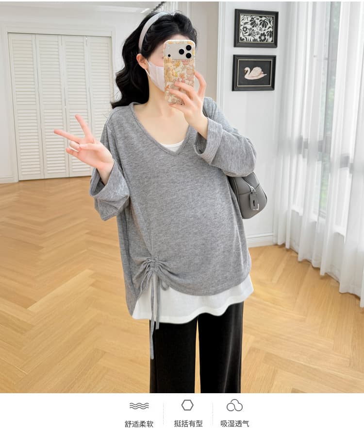 실사 2026j 이른 가을 새로운 출산 착용 빅 사이즈 패치워크 페이크 레이어드 모직물 커튼 구름 실 패션 맨위 티셔츠 상세 이미지 6